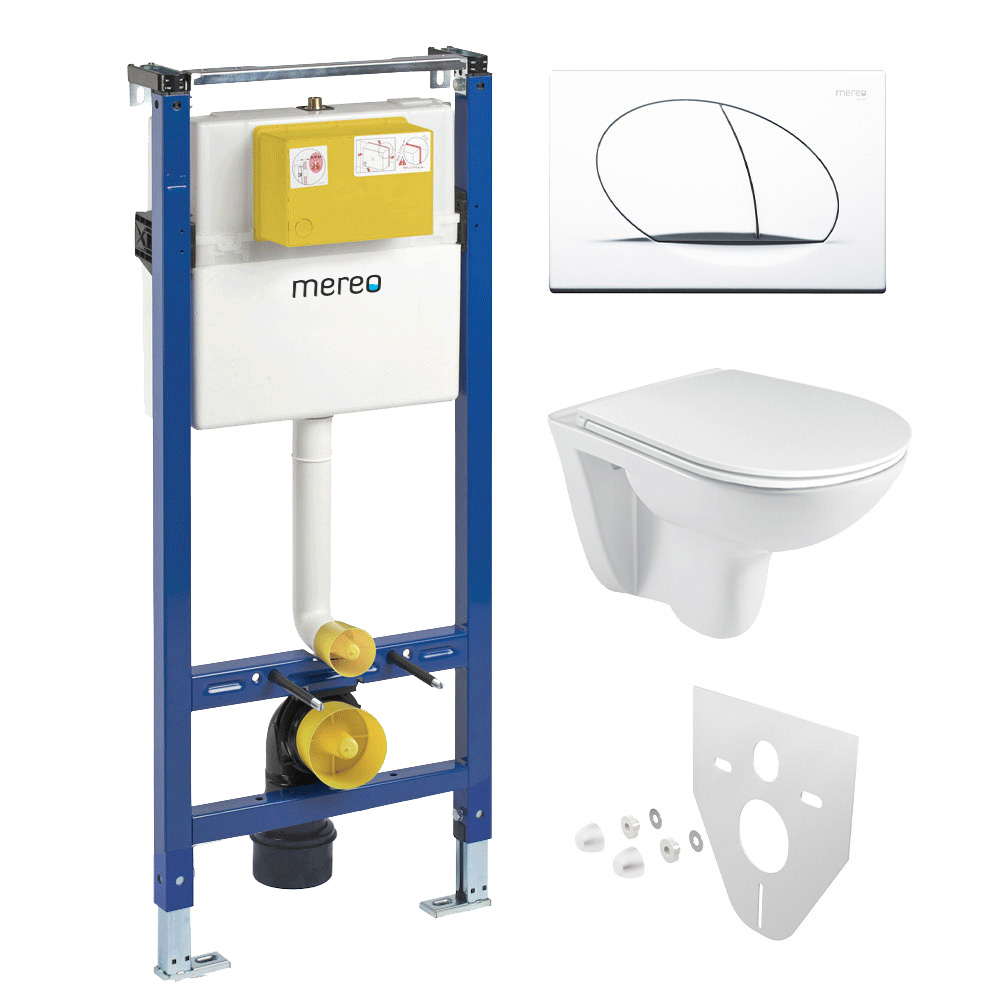 Mereo WC set - Rimless WC oblé, modul pre sadrokartón, biele oválne tlačidlo