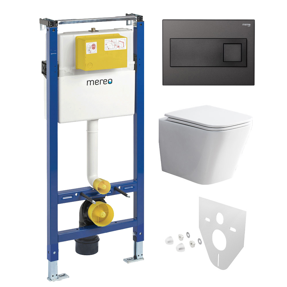 Mereo WC set - Rimless WC hranaté, modul pre sadrokartón, čierne hranaté tlačidlo