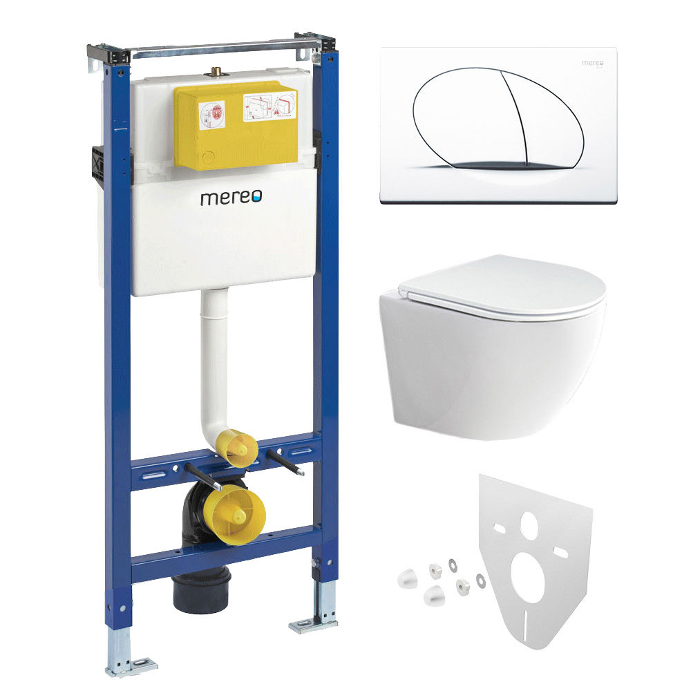 Mereo WC set - Rimless WC oblé, modul pre sadrokartón, biele oválne tlačidlo