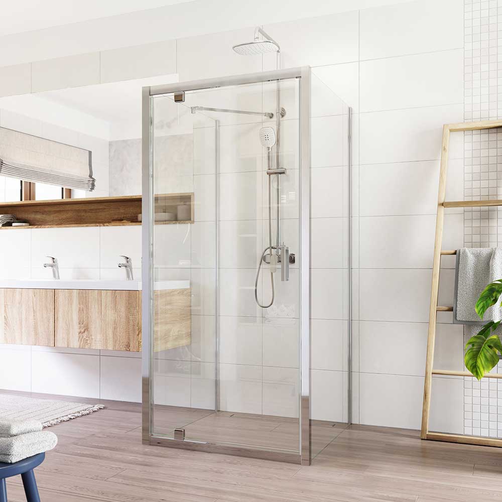 Mereo Sprchovací kút Lima, štvorec do priestoru U, pivotový, 90x90x90 cm, chróm ALU, sklo Číre