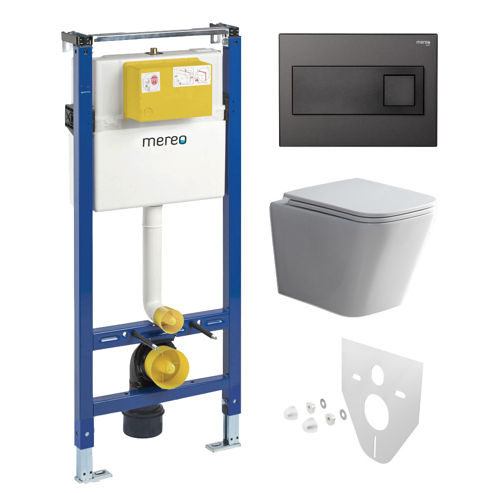 Mereo WC set - Smart flush rimless WC hranaté, modul pre sadrokartón, čierne hranaté tlačidlo