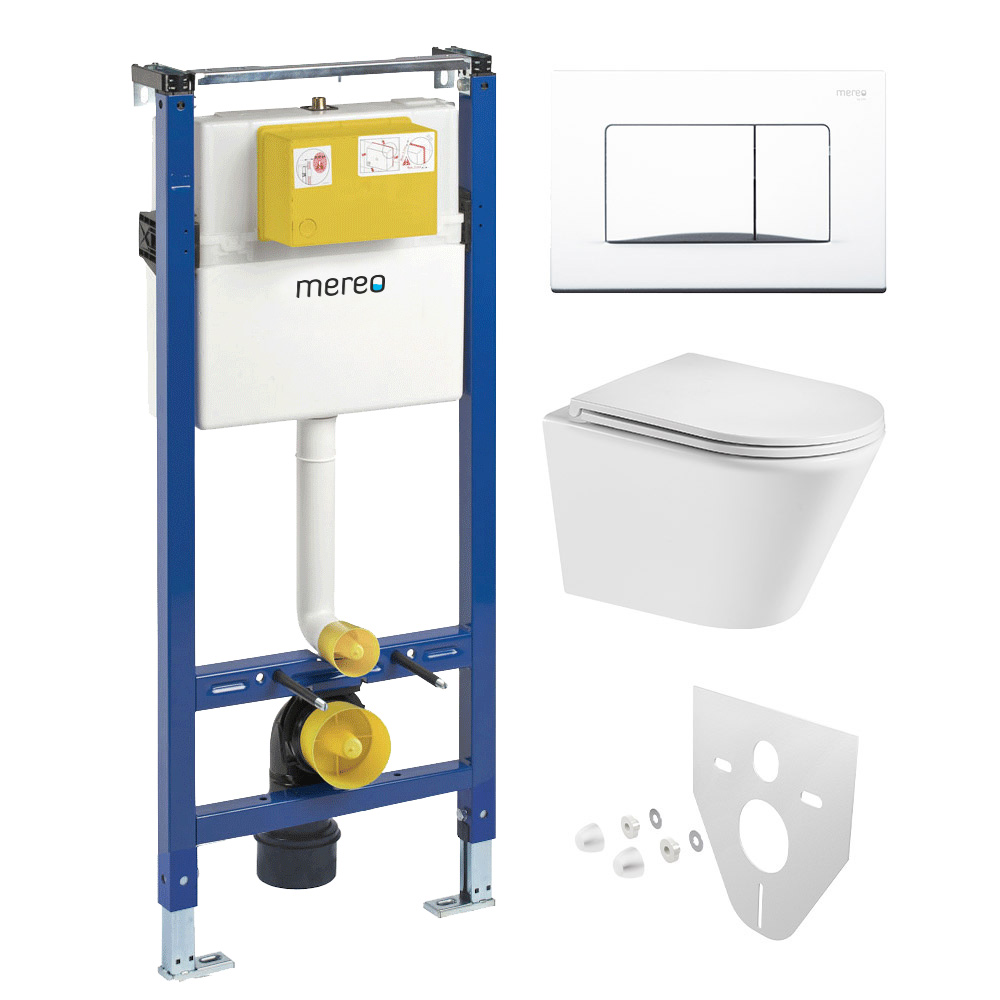 Mereo WC set - Smart flush rimless WC oblé, modul pre sadrokartón, biele hranaté tlačidlo
