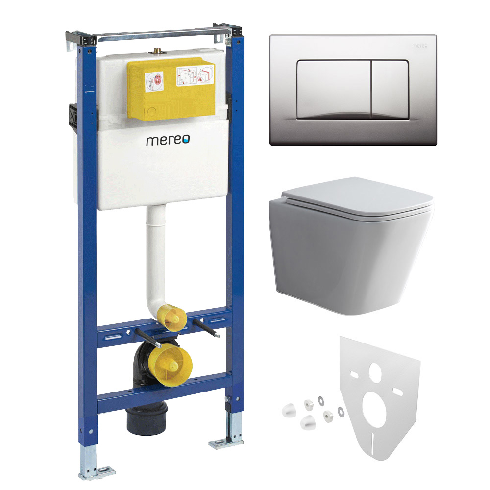 Mereo WC set - Smart flush rimless WC hranaté, modul pre sadrokartón, chróm hranaté tlačidlo matné