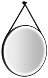 STAGO guľaté zrkadlo s LED osvetlením priemer 60cm, kožený popruh, dotykový senzor, stmievateľné, čierna mat