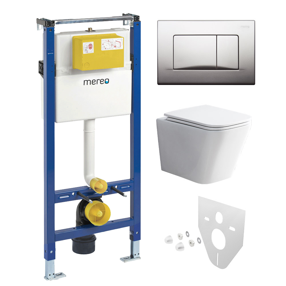 Mereo WC set - Rimless WC hranaté, modul pre sadrokartón, chróm hranaté tlačidlo matné
